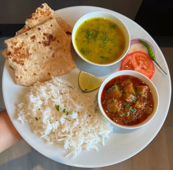 Dal Fry+ Aloo Subji (dry)+ 4 Chapati+ Rice+ Salad